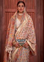 Off-White Kashmiri Jamawar Woven Pashmina Silk Saree