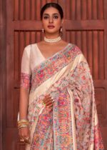 Off-White Kashmiri Jamawar Woven Pashmina Silk Saree