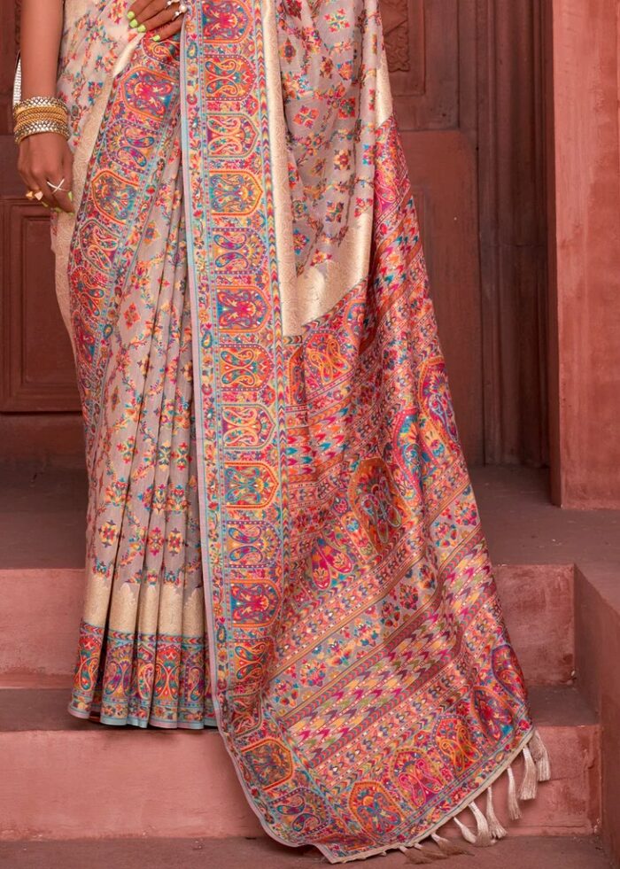 Off-White Kashmiri Jamawar Woven Pashmina Silk Saree