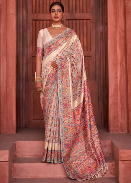 Off-White Kashmiri Jamawar Woven Pashmina Silk Saree