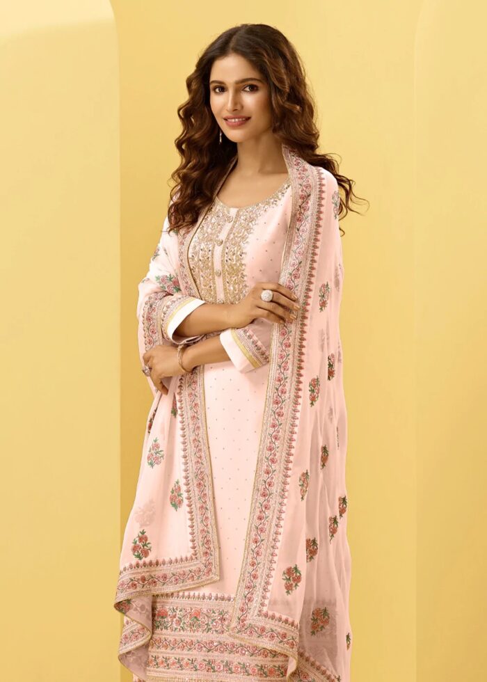 Pale Pink Unstitched Embroidered Georgette Suit Set