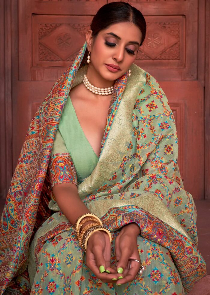 Pastel Green Kashmiri Jamawar Woven Pashmina Silk Saree