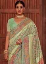 Pastel Green Kashmiri Jamawar Woven Pashmina Silk Saree