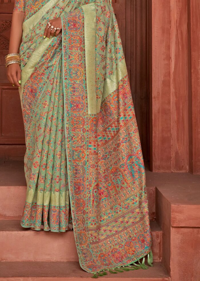 Pastel Green Kashmiri Jamawar Woven Pashmina Silk Saree