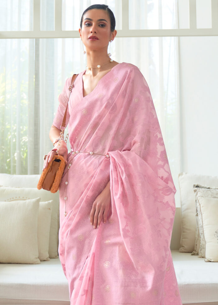 Pink Cotton Saree with Lucknowi Chikankari Weaving