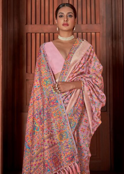 Pink Kashmiri Jamawar Woven Pashmina Silk Saree