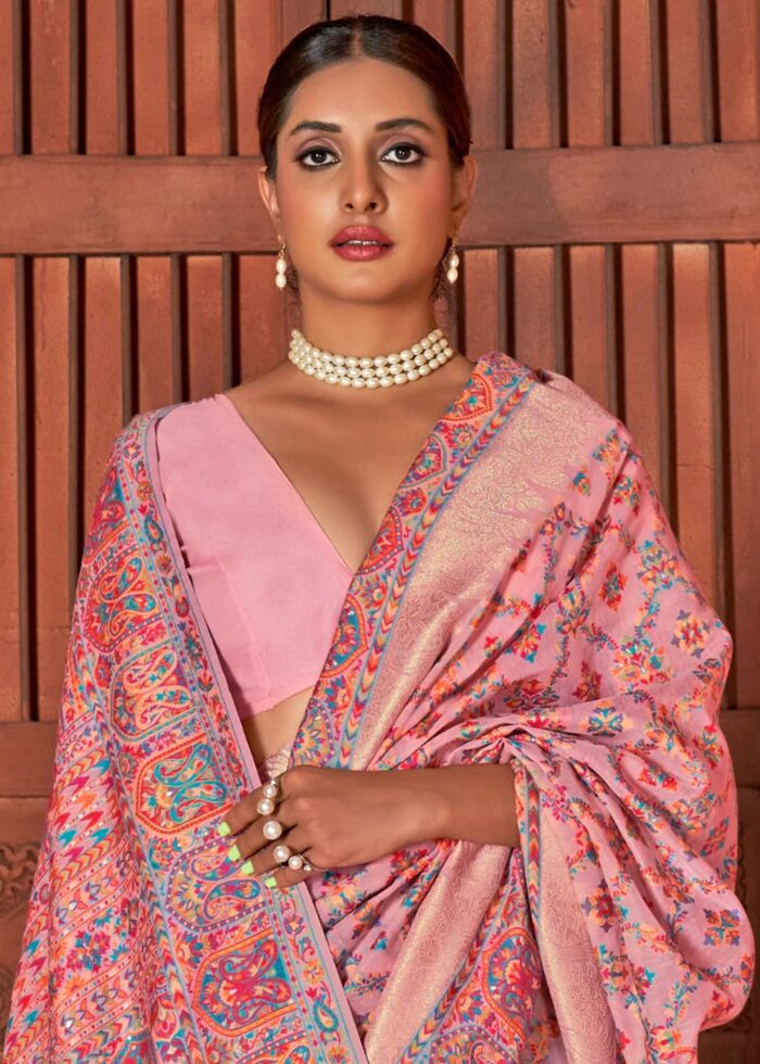 Pink Kashmiri Jamawar Woven Pashmina Silk Saree