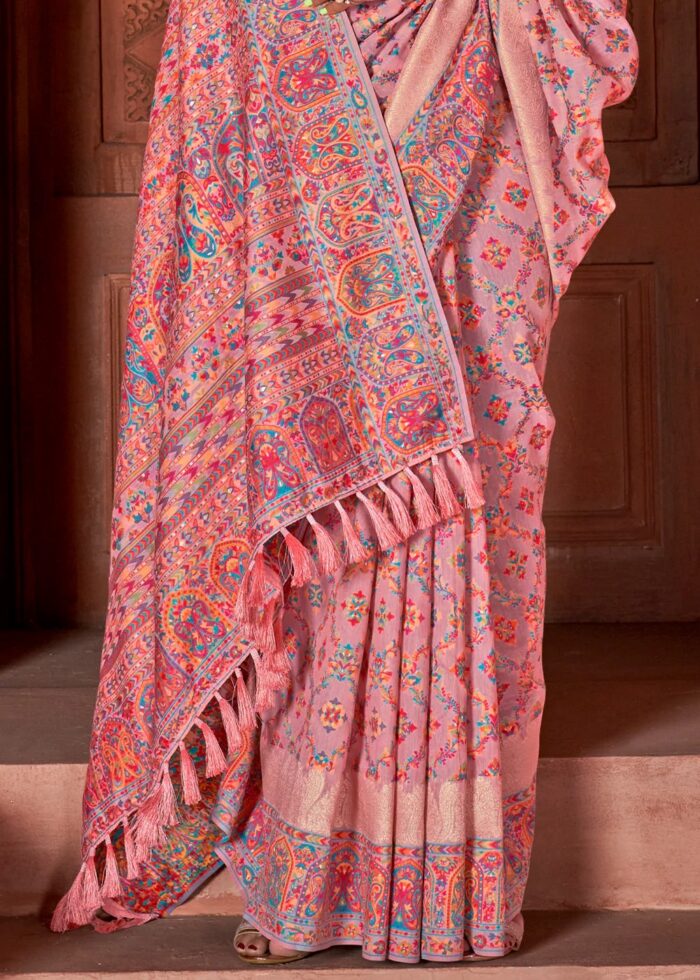 Pink Kashmiri Jamawar Woven Pashmina Silk Saree