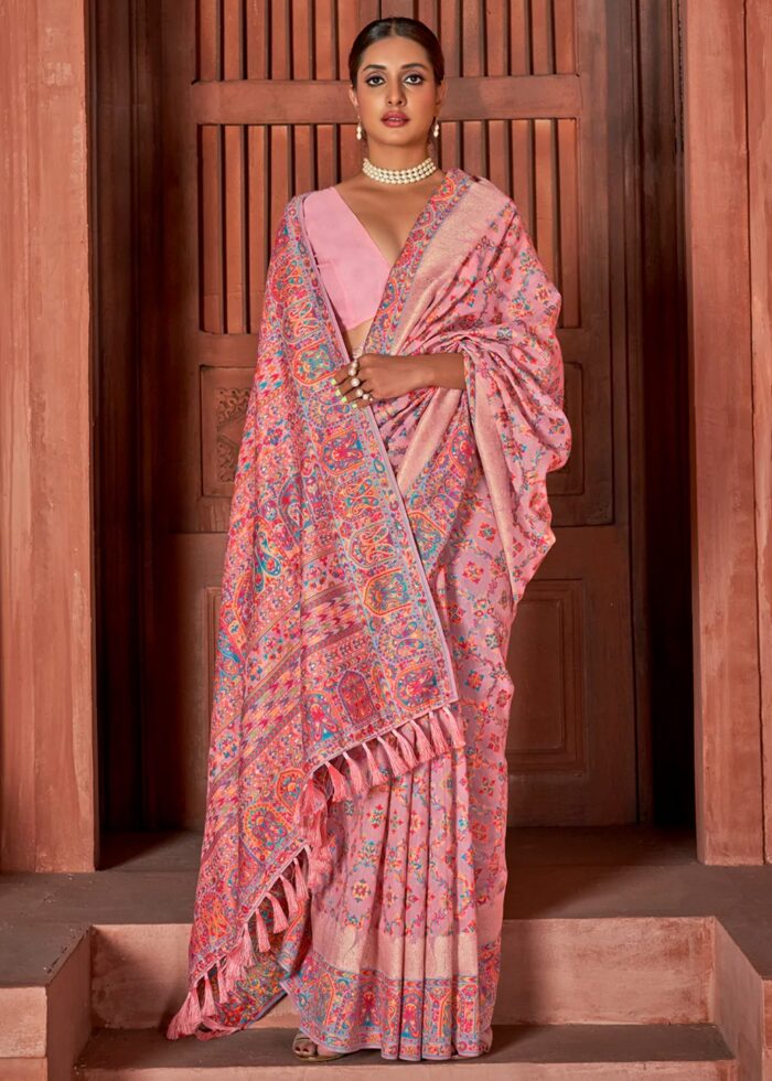 Pink Kashmiri Jamawar Woven Pashmina Silk Saree