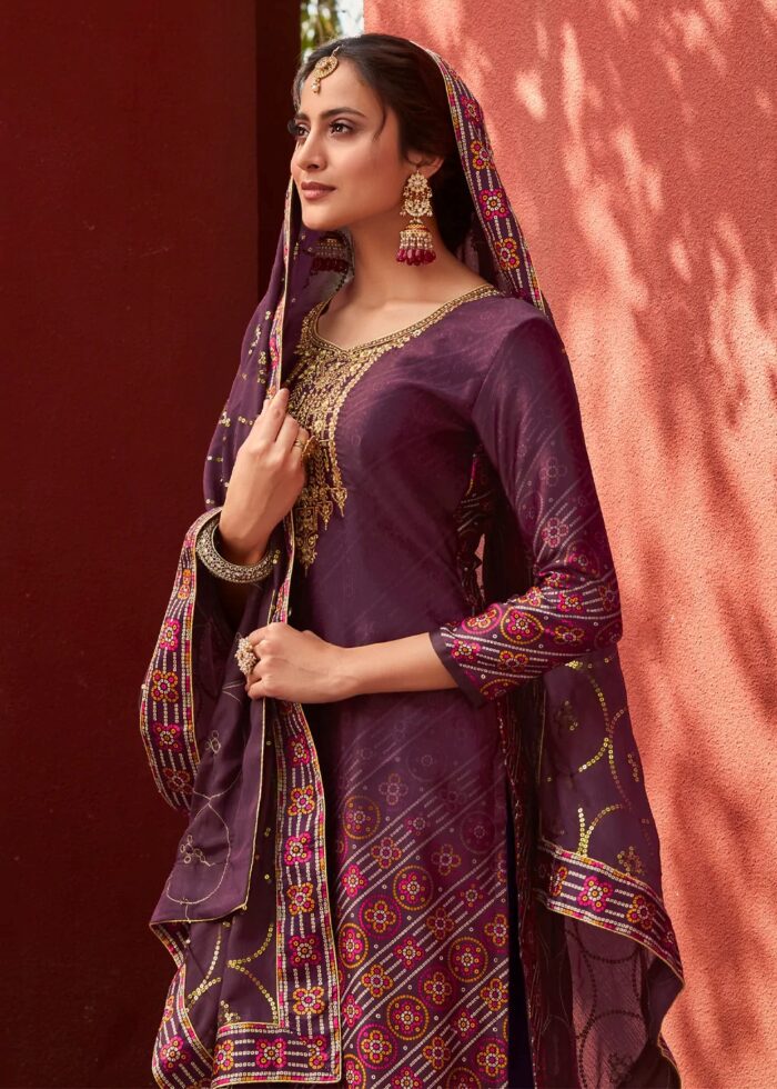 Purple Digitally Printed Suit Set with Embroidery Work