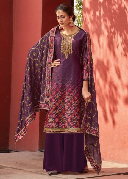 Purple Digitally Printed Suit Set with Embroidery Work