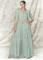 Teal Gray Embroidered Designer Skirt Top Set with Dupatta