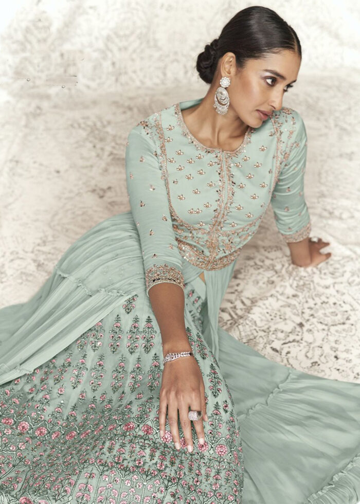 Teal Gray Embroidered Designer Skirt Top Set with Dupatta