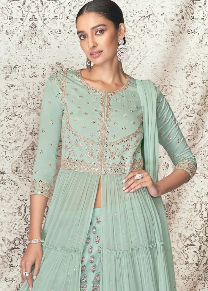 Teal Gray Embroidered Designer Skirt Top Set with Dupatta