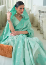 Turquoise Cotton Saree with Lucknowi Chikankari Weaving