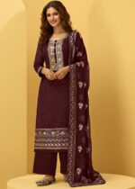 Wine Unstitched Embroidered Georgette Suit Set