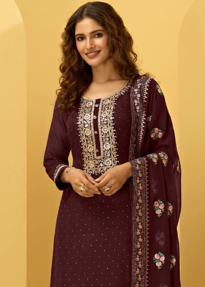 Wine Unstitched Embroidered Georgette Suit Set