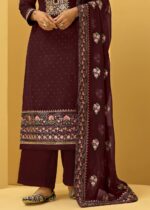 Wine Unstitched Embroidered Georgette Suit Set