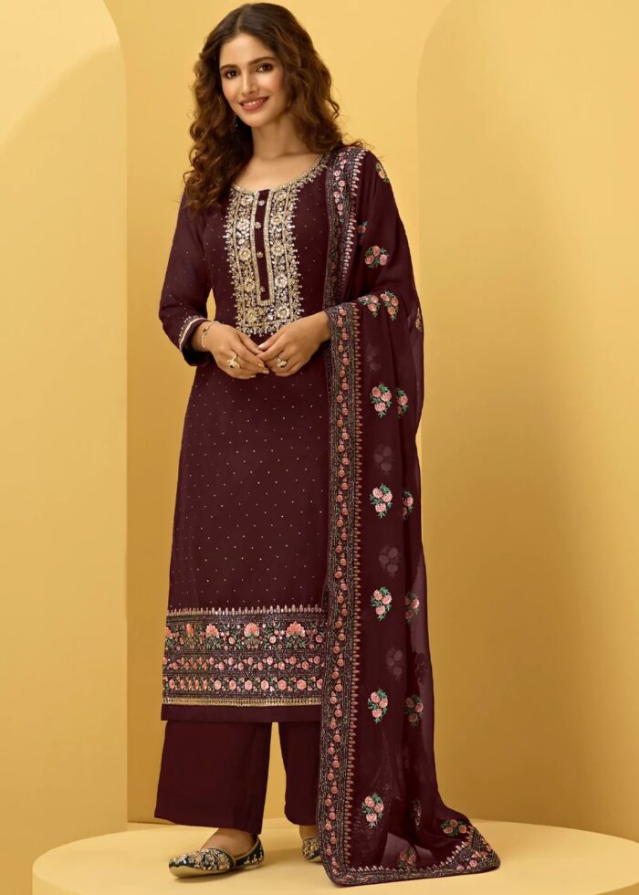 Wine Unstitched Embroidered Georgette Suit Set