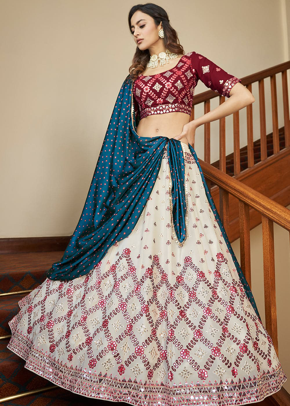 Beige Maroon Lehenga Choli