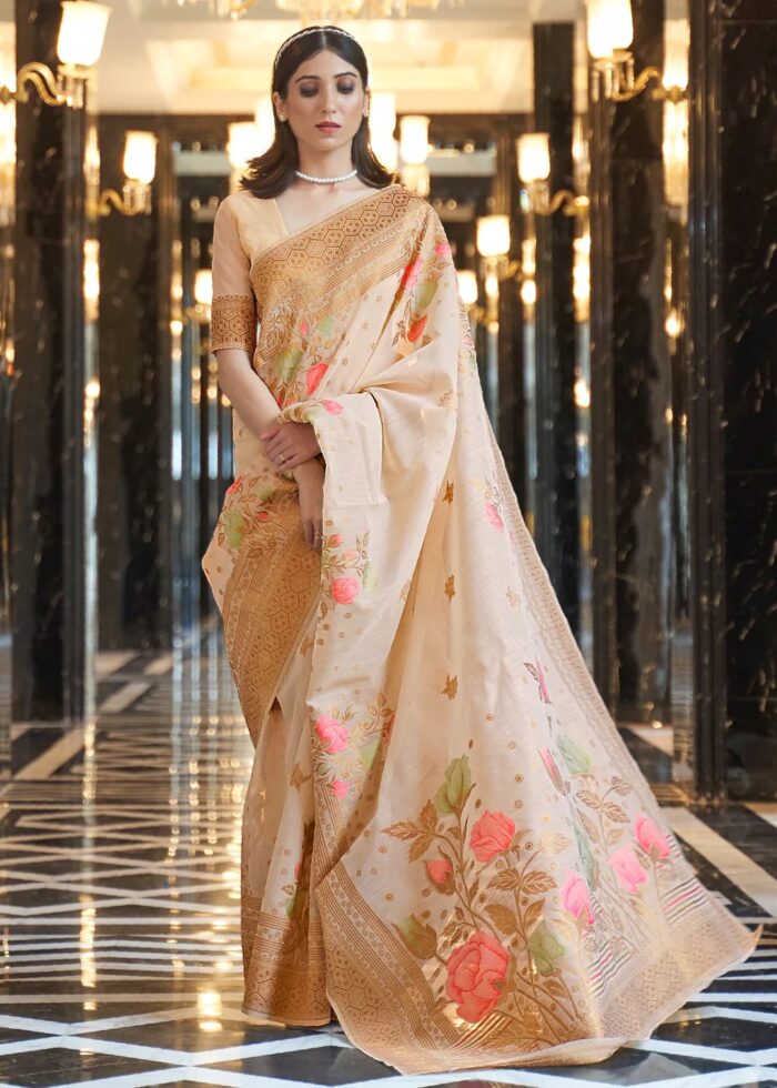 Beige Woven Linen Saree