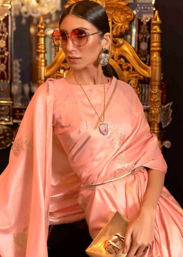 Coral Pink Satin Silk Saree