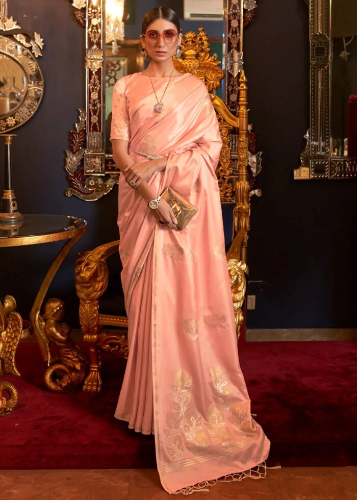 Coral Pink Satin Silk Saree