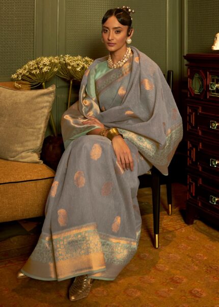 Gray Banarasi Linen Saree