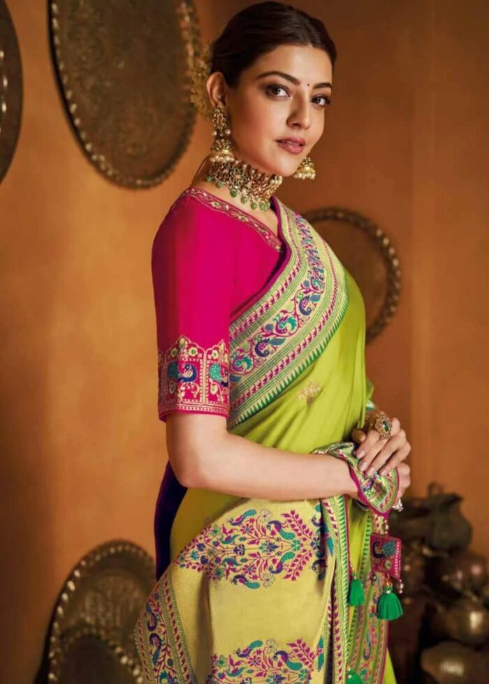 Lime Green Woven Paithani Silk Saree