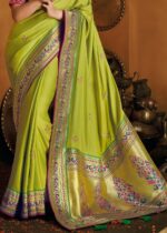 Lime Green Woven Paithani Silk Saree