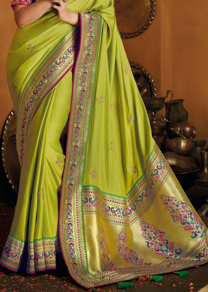 Lime Green Woven Paithani Silk Saree