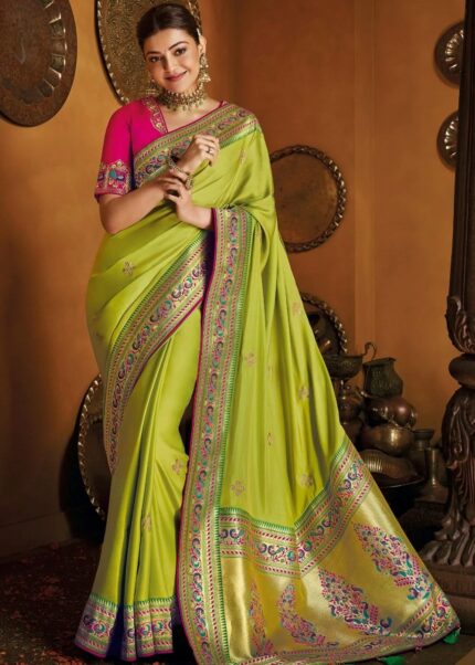 Lime Green Woven Paithani Silk Saree