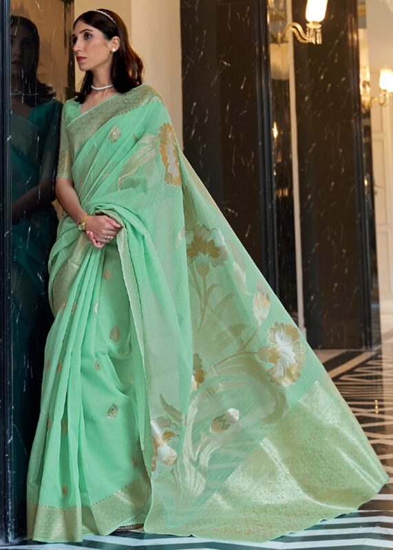 Mint Green Woven Linen Saree