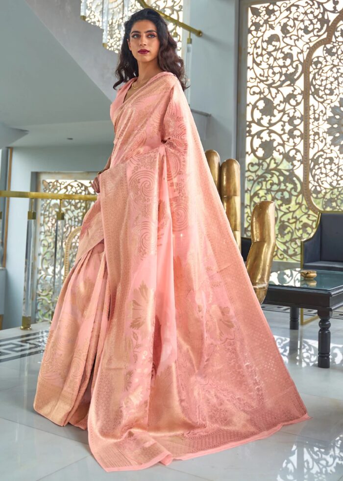 Peach Zari Woven Linen Silk Saree