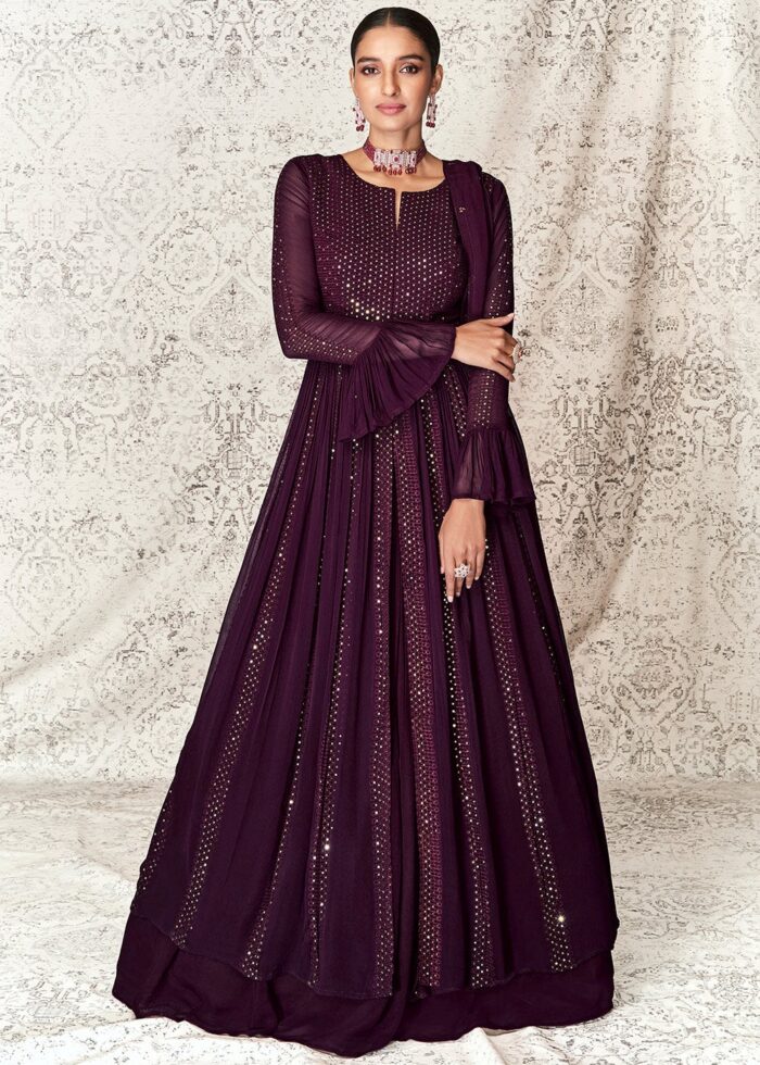 Purple Embroidered Designer Skirt Top Set