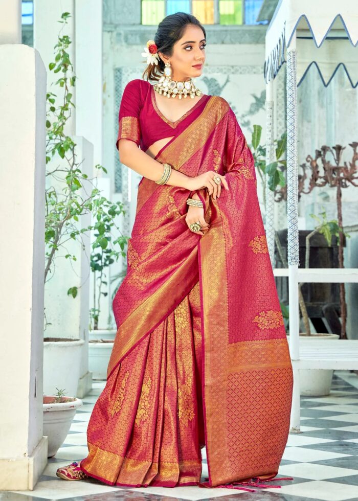 Raspberry Red Woven Kanjivaram Silk Saree