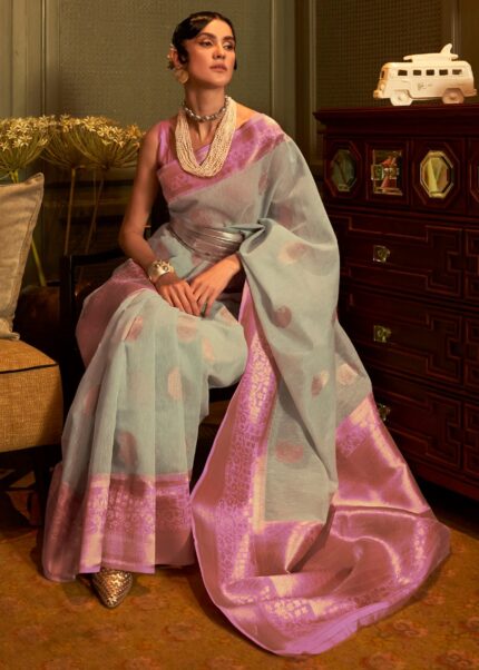 Sky Blue Banarasi Linen Saree