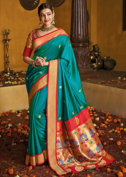 Teal Blue Woven Paithani Silk Saree