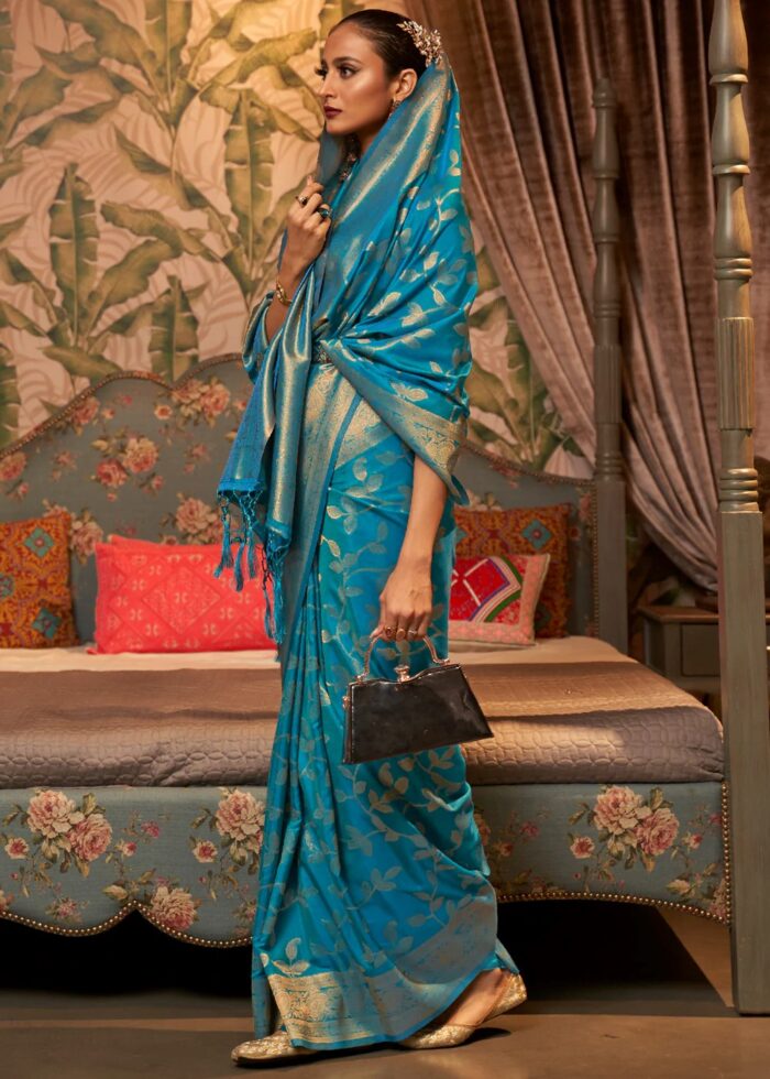 Cyan Blue Banarasi Silk Saree