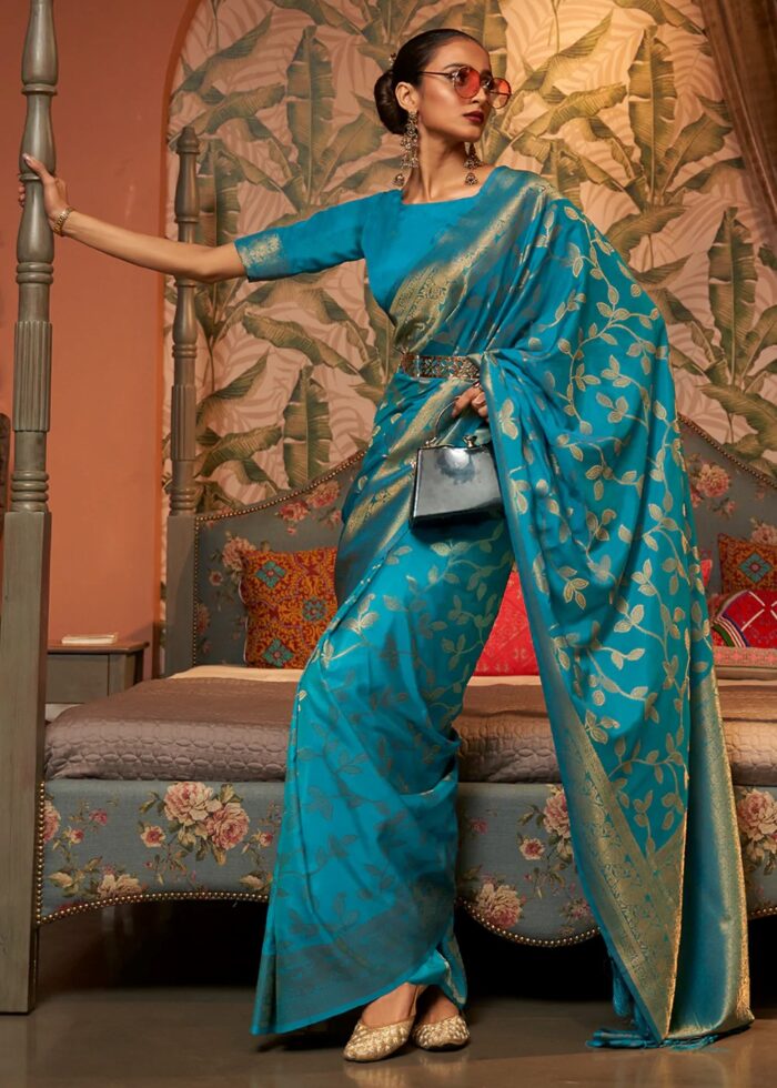 Cyan Blue Banarasi Silk Saree