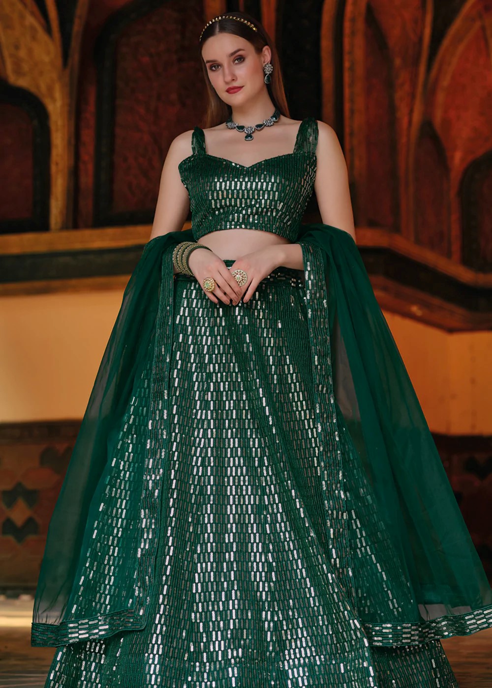 Green net lehenga choli best sale