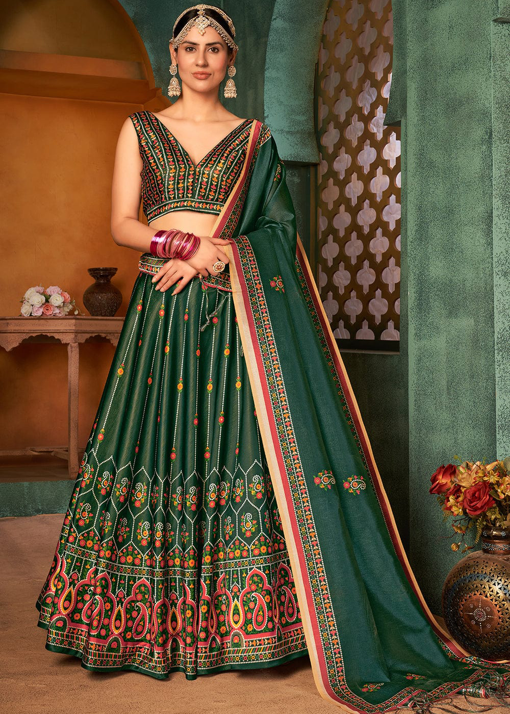 Dark Green Silk Lehenga Choli