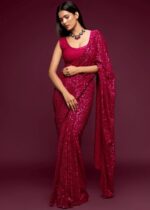 Dark Pink Georgette Sequins Saree