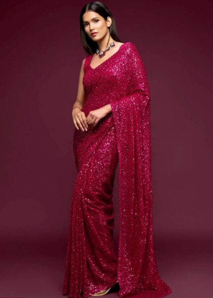 Dark Pink Georgette Sequins Saree