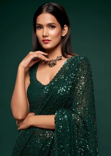 Emerald Green Georgette Sequins Saree