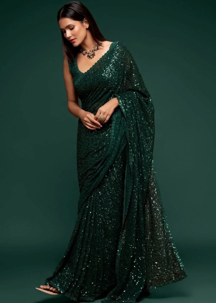 Emerald Green Georgette Sequins Saree