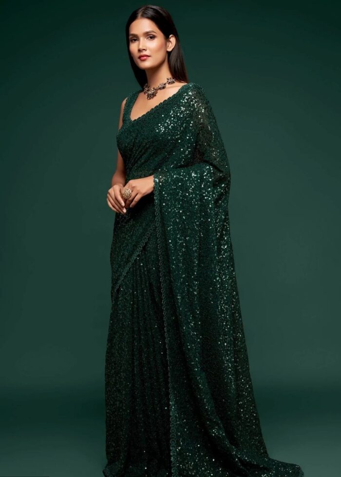 Emerald Green Georgette Sequins Saree