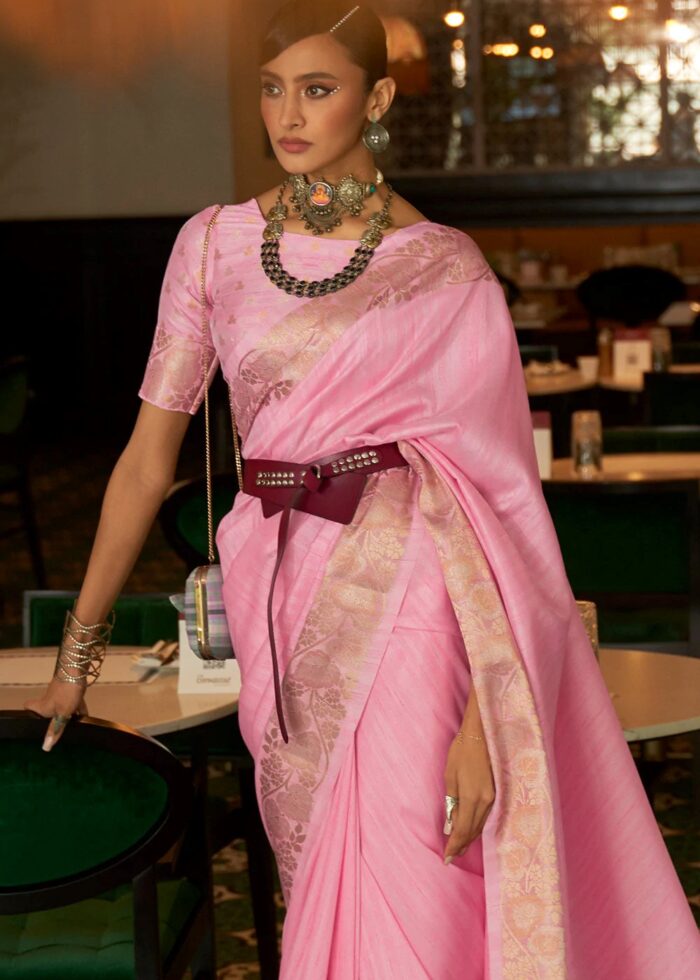 Flamingo Pink Tussar Silk Saree