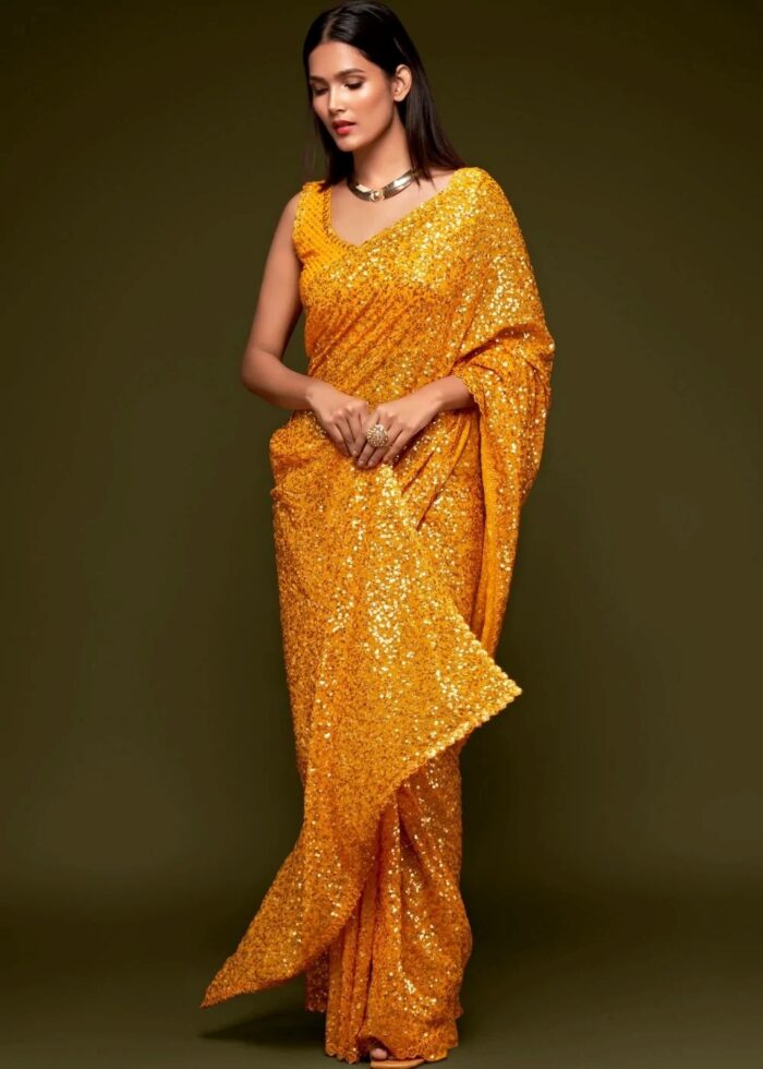 Golden Yellow Georgette Sequins Saree