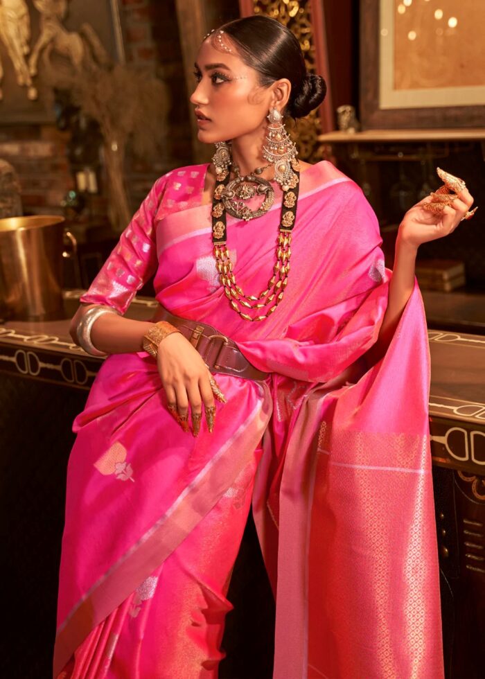 Hot Pink Woven Banarasi Silk Saree